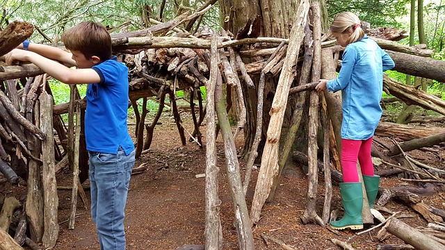 Mädchen und Junge beim Bude bauen aus Holz im Wald