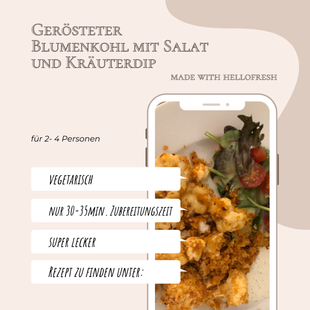 Schnelles Familienrezept: gerösteter Blumenkohl mit Salat und Kräuterdip